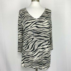 Chico’s XL Sz 3 Top Tunic Black White Geometric Rayon 3/4 Sleeves #AA